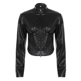 New Women's Autumn Short Woven Streetwear Cropped Faux Leather Motorcycle Zip - Up Blouson Biker Jacket Plain Dyed Waterproof - Zeprah