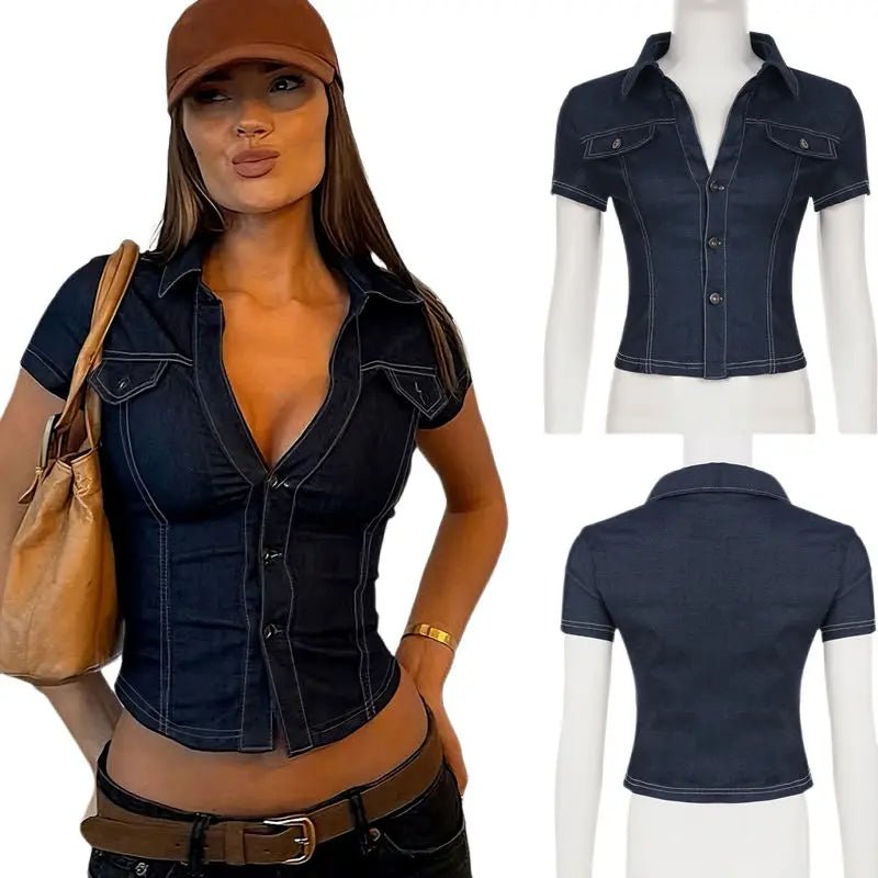 New Women's Blue Utility Shirt with Multiple Pockets, Casual Office Workwear Blouse - Zeprah