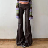 New Women's Brown PU Patchwork Vintage Korean Fashion Skinny Trousers Drawstring Waist - Zeprah