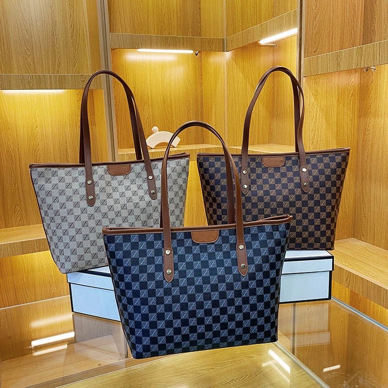 New Women's High - end City Dweller Tote Bag Student Large Capacity Zipper Shoulder Bag PU Polyester Lining Checkerboard Handbag - Zeprah