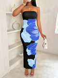 New Women's Slim Fit off Shoulder Contrasting Floral Print Elegant and Fashionable Dress - Zeprah