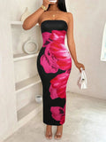 New Women's Slim Fit off Shoulder Contrasting Floral Print Elegant and Fashionable Dress - Zeprah
