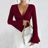 New Women's V - neck Horn Sleeve Wine Red T-shirt Fall/Winter Slim Fit Base Shirt Top - Zeprah