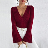 New Women's V - neck Horn Sleeve Wine Red T-shirt Fall/Winter Slim Fit Base Shirt Top - Zeprah