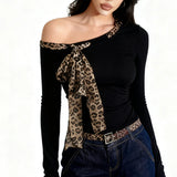 Oblique Shoulder Base Top Vintage Crop Top Leopard Print Bow Long Sleeve T-shirt - Zeprah