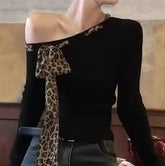 Oblique Shoulder Base Top Vintage Crop Top Leopard Print Bow Long Sleeve T-shirt - Zeprah