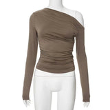 Oblique Shoulder Long - sleeved Top Dissymmetry Crop Top Slim - fit Long - sleeved T-shirts - Zeprah