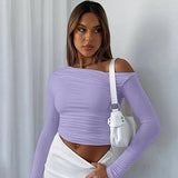 Oblique Shoulder Long - sleeved Top Dissymmetry Crop Top Slim - fit Long - sleeved T-shirts - Zeprah