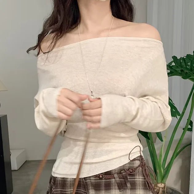 Off - Shoulder Batwing Sleeve Solid Color Slim Fit Acrylic Knitted Sweater Pullovers Early Autumn Fashion Korean Women - Zeprah