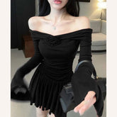 Off - shoulder Long - sleeve Dress Women's Three - dimensional Flower Hot Girl Close - fitting Waist Slimming A - Line Dress - Zeprah