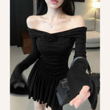 Off - shoulder Long - sleeve Dress Women's Three - dimensional Flower Hot Girl Close - fitting Waist Slimming A - Line Dress - Zeprah