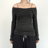 Off - Shoulder Ribbed Long Sleeve Striped Top - Zeprah