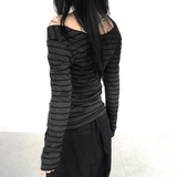 Off - Shoulder Ribbed Long Sleeve Striped Top - Zeprah