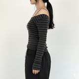 Off - Shoulder Ribbed Long Sleeve Striped Top - Zeprah