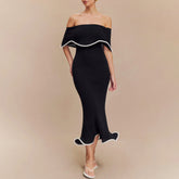 Off - Shoulder Ruffled Midi Cocktail Dress - Zeprah