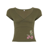Olive Green Vintage Embroidered Floral Eco - Friendly Anti - UV Breathable Top Cross V - Neck Short Sleeve T-Shirt Slim - Zeprah