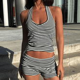 Open Back Sports Set for Women - 2025 Summer Striped 2 - Piece Outfit Breathable Crop Top & Midi Shorts - Custom OEM Skinny Fit - Zeprah