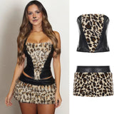 Party Clubwear Leopard Print Velvet Collarless Skinny Fit Top Fuzzy Trim Mini Skirt Breathable Eco - Friendly Women - Zeprah