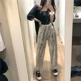 Party Elastic High Rise See Through Metallic Sequined Women Trousers Wide Leg Pants for Women - Zeprah