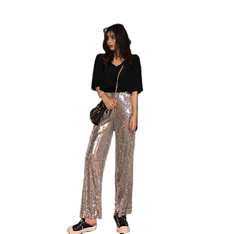 Party Elastic High Rise See Through Metallic Sequined Women Trousers Wide Leg Pants for Women - Zeprah