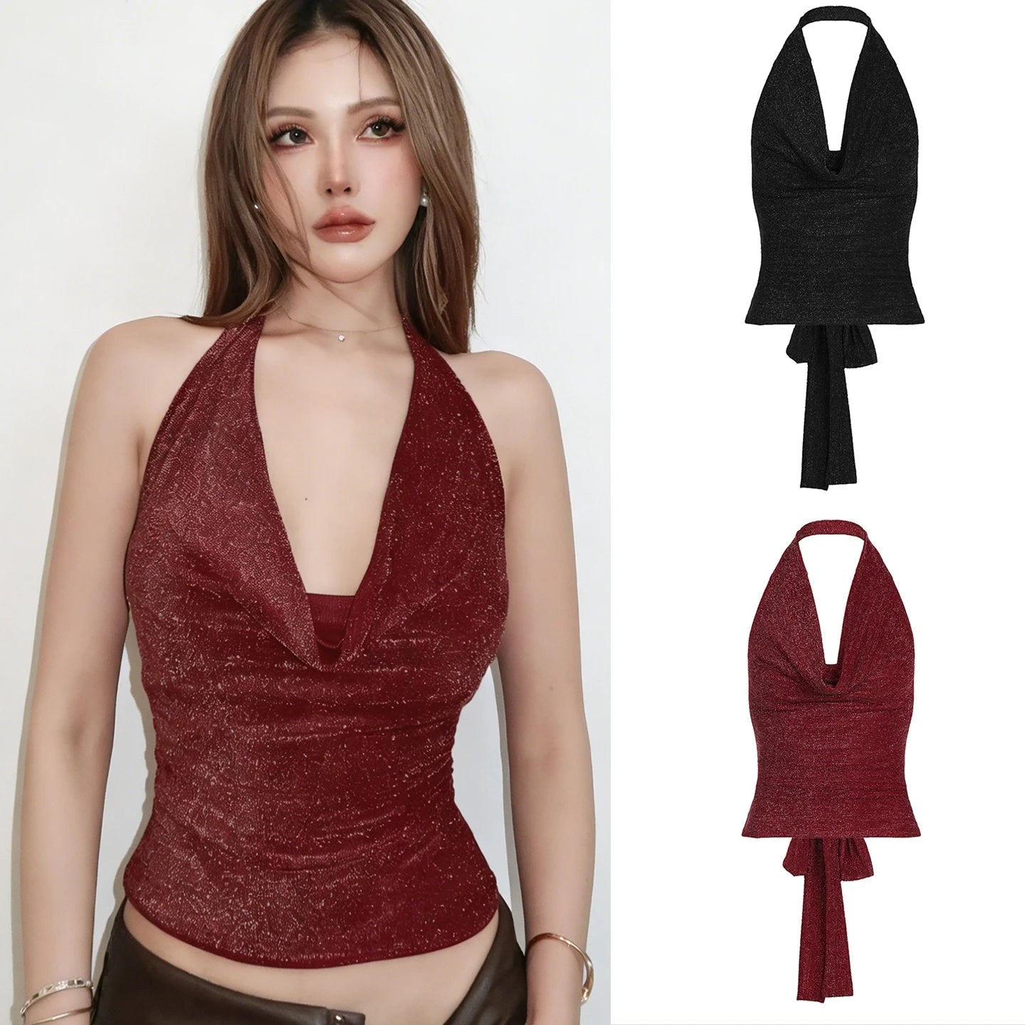 Party Halter Tank Top Breathable V - neck Sexy Knitted Back Lace up Sleeveless - Zeprah