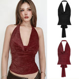 Party Halter Tank Top Breathable V - neck Sexy Knitted Back Lace up Sleeveless - Zeprah
