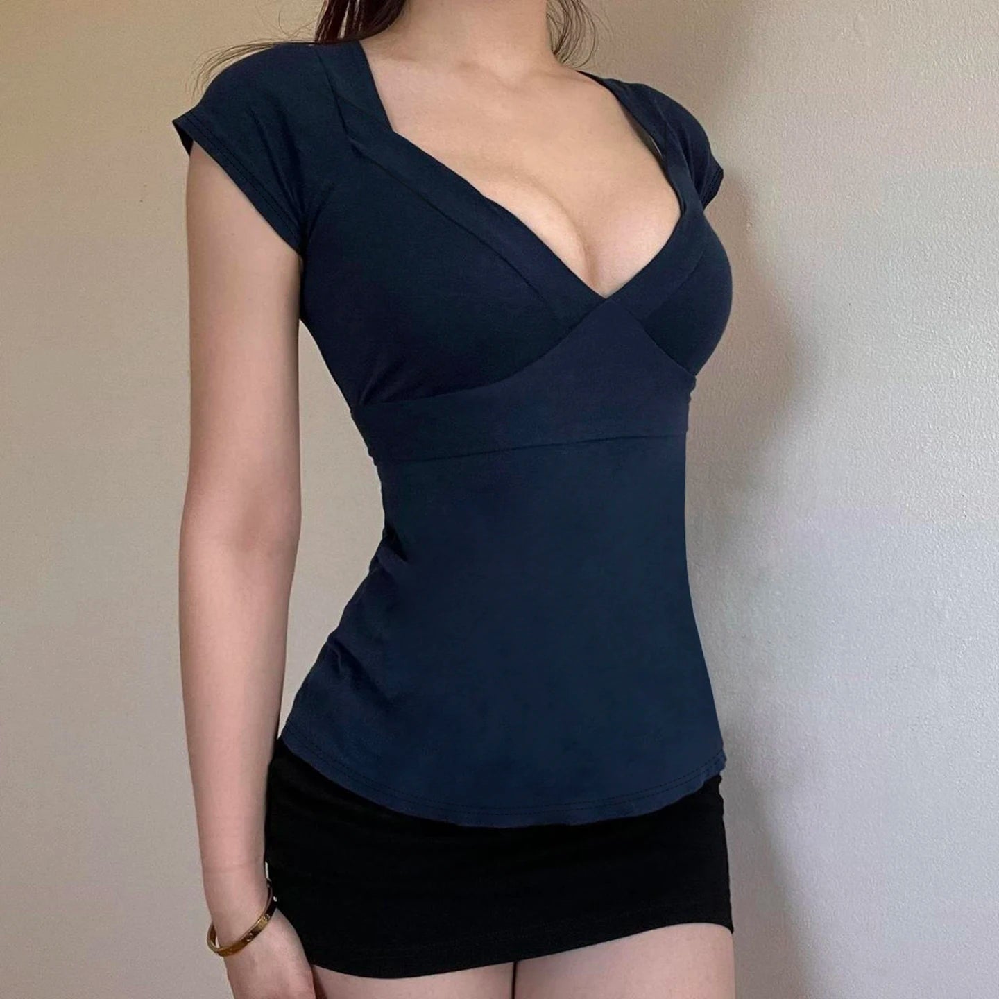Patchwork Bandage Short Sleeve T-Shirt Solid Color V - Neck Knit Tie Detail Sexy Figure - Flattering Breathable Anti - Uv - Zeprah
