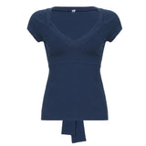 Patchwork Bandage Short Sleeve T-Shirt Solid Color V - Neck Knit Tie Detail Sexy Figure - Flattering Breathable Anti - Uv - Zeprah