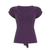 Patchwork Bandage Short Sleeve T-Shirt Solid Color V - Neck Knit Tie Detail Sexy Figure - Flattering Breathable Anti - Uv - Zeprah