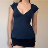 Patchwork Bandage Short Sleeve T-Shirt Solid Color V - Neck Knit Tie Detail Sexy Figure - Flattering Breathable Anti - Uv - Zeprah