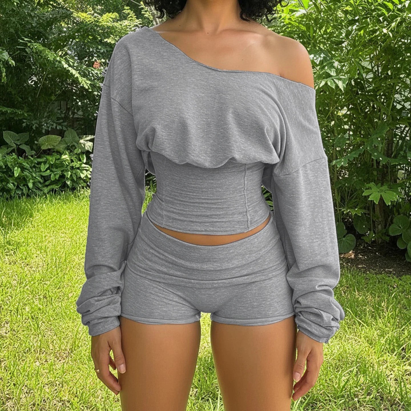 Patchwork Knit Two - Piece Set Off - Shoulder Long Sleeve Crop Top Loose Shorts Casual Jogging Activewear Spandex/Polyester - Zeprah