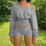 Patchwork Knit Two - Piece Set Off - Shoulder Long Sleeve Crop Top Loose Shorts Casual Jogging Activewear Spandex/Polyester - Zeprah