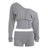 Patchwork Knit Two - Piece Set Off - Shoulder Long Sleeve Crop Top Loose Shorts Casual Jogging Activewear Spandex/Polyester - Zeprah