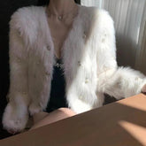 Pearl Beaded Furry Warm Knitted Cardigans Casual Sweater O - neck Cardigan Coat for Women - Zeprah