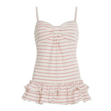 Pink Cute Striped Knitted Longline Sweet Camisole Bust Pleated Tank Top Ruffle Hem Loose Fit Sleeveless Blouse - Zeprah