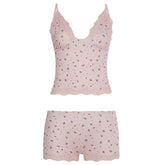 Pink Lace Floral Above Knee Pajama Set Sleeveless Camisole & Fitted Shorts Eco - Friendly Comfort Loungewear - Zeprah