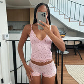 Pink Lace Floral Above Knee Pajama Set Sleeveless Camisole & Fitted Shorts Eco - Friendly Comfort Loungewear - Zeprah