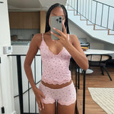 Pink Lace Floral Above Knee Pajama Set Sleeveless Camisole & Fitted Shorts Eco - Friendly Comfort Loungewear - Zeprah