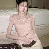 Pink Sweet Women's Blouse Cute Doll Style Hubble - Bubble Sleeve LAPEL Button Cardigan Plaid Pattern Skinny Summer Candy Color - Zeprah