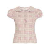Pink Sweet Women's Blouse Cute Doll Style Hubble - Bubble Sleeve LAPEL Button Cardigan Plaid Pattern Skinny Summer Candy Color - Zeprah