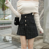 Plaid Skirt Korean New High Waist Irregular Skirt Tweed Breasted Fashion Pant Women's Skirt - Zeprah