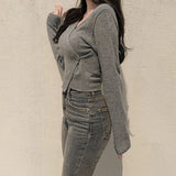 Plain Versatile Base Sweater V - neck Short Knit Cardigan Slim - fit Long Sleeve Short Top - Zeprah