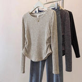 Pleated Long Sleeve Tops for Women Knitted Autumn and Winter New Design T-shirt Slim - fit Trendy Knitwear - Zeprah