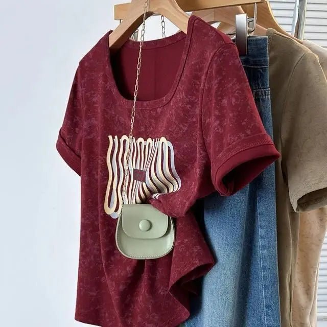 Plus Size 2025 Summer New Square Neck Top Women's Slim - fit Loose All - match Short - sleeved T-shirt - Zeprah