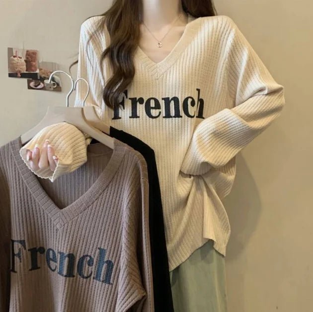 Plus Size 4XL Women's Early Autumn New T-Shirt Lazy V - Neck Loose Long - Sleeve Versatile Casual Mid - Length Fashion Top - Zeprah