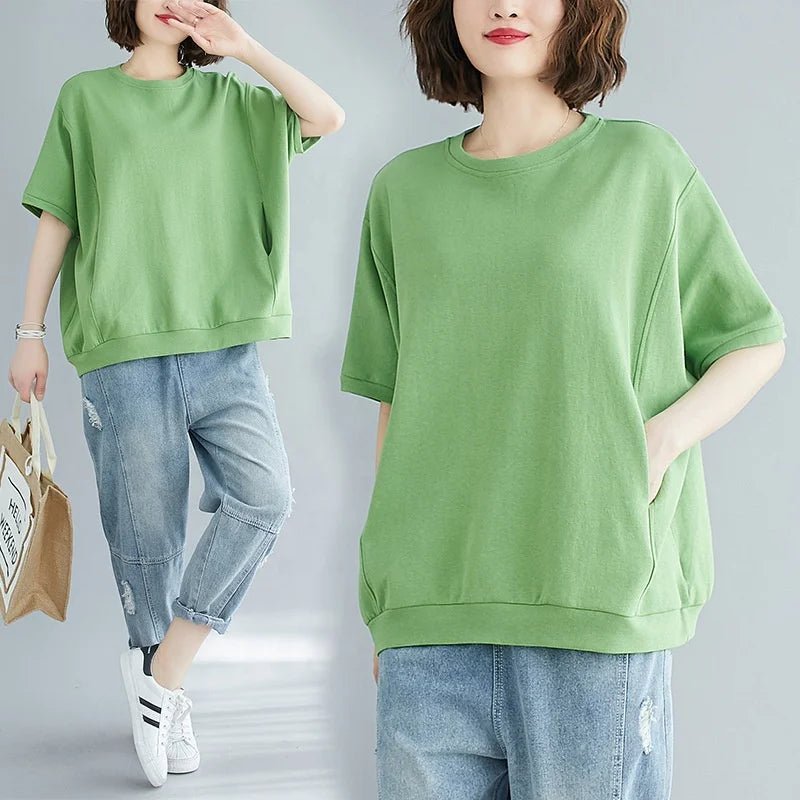 Plus Size 4XL Women's Summer Loose Solid Color Crew Neck Short Sleeve T-Shirt - Zeprah
