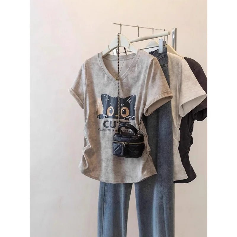 Plus Size 5XL Women's Loose New Short Sleeve Cat Print V - Neck Regular Shoulder T-Shirt Ruched Waist Curved Hem Top - Zeprah