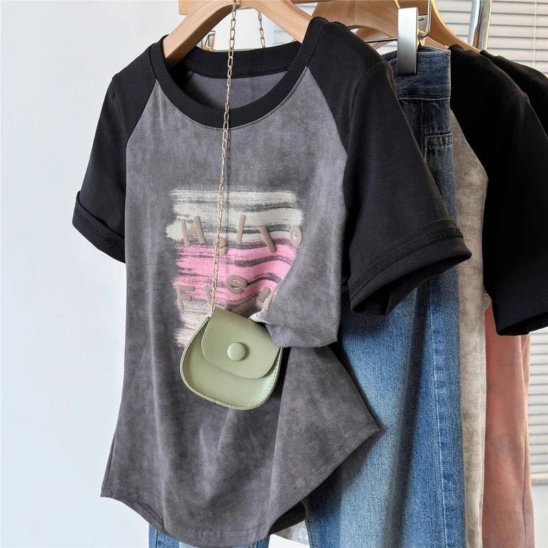 Plus Size 5XL Women's Summer Regular Shoulder Short Sleeve T-Shirt Tie - Dye Color Block Loose Slim - Fit Top - Zeprah