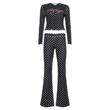 Polka Dot Casual Skinny Knitting Hooded Tracksuit 2 - Piece Long Set Women Stretchy Zipper Hoodie Flare Pants Autumn Daily Wear - Zeprah