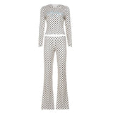 Polka Dot Casual Skinny Knitting Hooded Tracksuit 2 - Piece Long Set Women Stretchy Zipper Hoodie Flare Pants Autumn Daily Wear - Zeprah